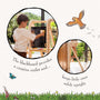 Indoors, a child draws on a blackboard easel, while nearby the TP Toys The Gruffalo Wooden Helper Tower – FSC® certified serves as a sturdy step stool for toddlers; a separate close-up highlights the easel’s stable legs resting on the floor.