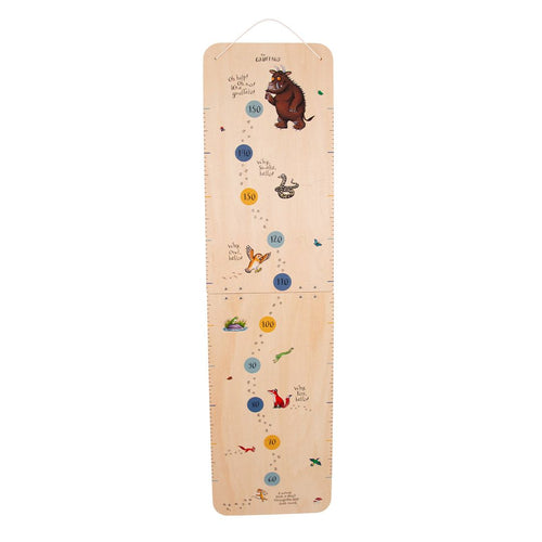The Gruffalo Wooden Height Chart - FSC® certified by TP Toys—with character illustrations, numbered measurements, colored markers, and hanging string. A perfect keepsake!.