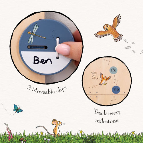 The Gruffalo Wooden Height Chart - FSC® certified by TP Toys features animal illustrations and moveable clips—an adorable, unique way to track your child’s growth.