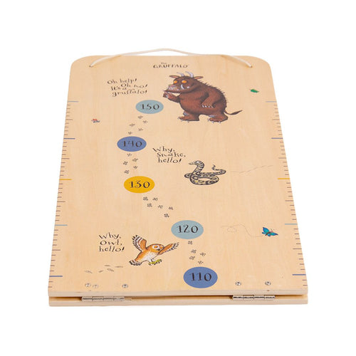 The Gruffalo Wooden Height Chart - FSC® certified by TP Toys features character designs, dual-side measurements, and a handle—an adorable keepsake growth chart for kids.