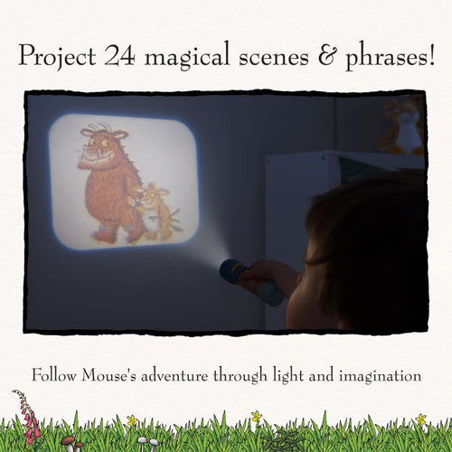A child uses The Gruffalo Projecter by TP Toys to display Gruffalo and Mouse scenes on the wall, creating magical storytelling moments.