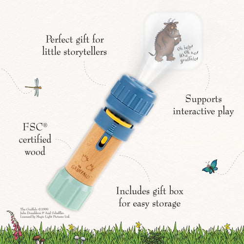 The Gruffalo Projecter by TP Toys is a children’s wooden storytelling toy with a blue lens, labeled features, FSC certified wood, gift box, and projects The Gruffalo image.