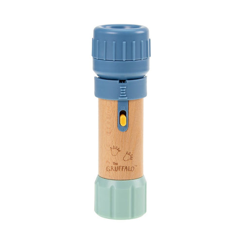 The Gruffalo Projecter by TP Toys features a small wooden body, blue top, green base, yellow front switch, and an etched The Gruffalo logo.