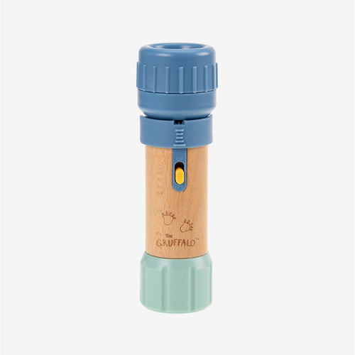 The Gruffalo Projecter by TP Toys features a blue top, wooden center with The Gruffalo branding, yellow switch, and green base, standing upright on a white background.