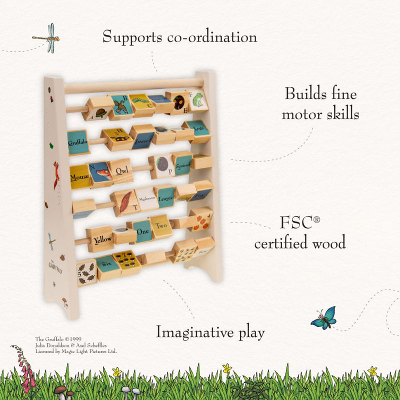 The Gruffalo Wooden Mini Abacus - FSC® certified by TP Toys is a delightful educational toy featuring rotating blocks adorned with charming animals, numbers, and colors to spark imaginative play. Perfect for early learning, it helps develop fine motor skills and hand-eye coordination. Crafted from FSC® certified wood, this mini abacus is an excellent choice for eco-conscious families seeking both fun and educational value.