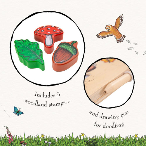 Three wooden woodland stamps (leaf, acorn, mushroom) plus a drawing pen—perfect for TP Toys The Gruffalo Wooden Magnetic Drawing Board - FSC® certified.