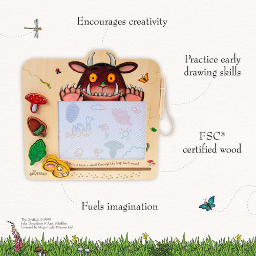 The Gruffalo Wooden Magnetic Drawing Board - FSC® certified by TP Toys features a drawing pen and Gruffalo illustrations to inspire creativity and early drawing skills.