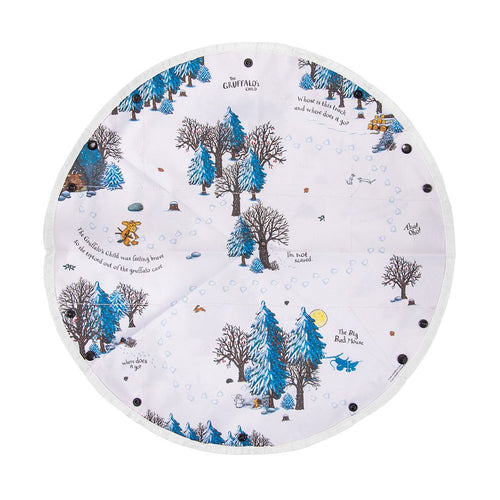 This round, white double-sided fabric playmat by TP Toys features illustrated trees, animals, and text from The Gruffalo in blue, brown, and grey tones, with black button snaps around the border—perfect as part of The Gruffalo Play Set with Wooden Characters.
