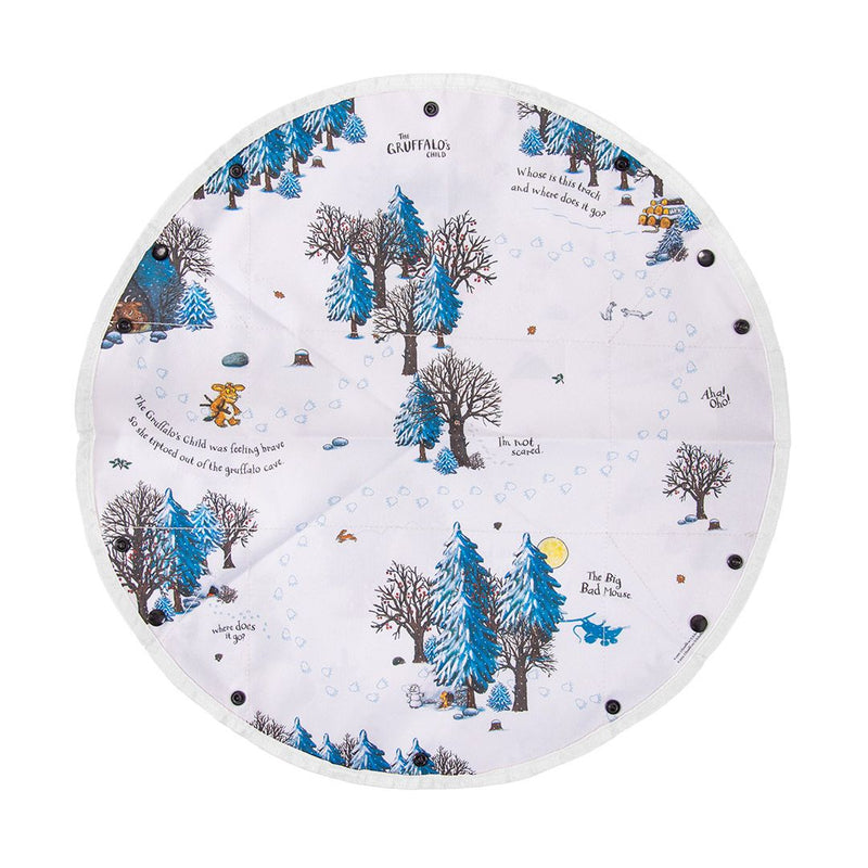 This round, white double-sided fabric playmat by TP Toys features illustrated trees, animals, and text from The Gruffalo in blue, brown, and grey tones, with black button snaps around the border—perfect as part of The Gruffalo Play Set with Wooden Characters.