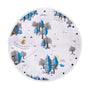 This round, white double-sided fabric playmat by TP Toys features illustrated trees, animals, and text from The Gruffalo in blue, brown, and grey tones, with black button snaps around the border—perfect as part of The Gruffalo Play Set with Wooden Characters.