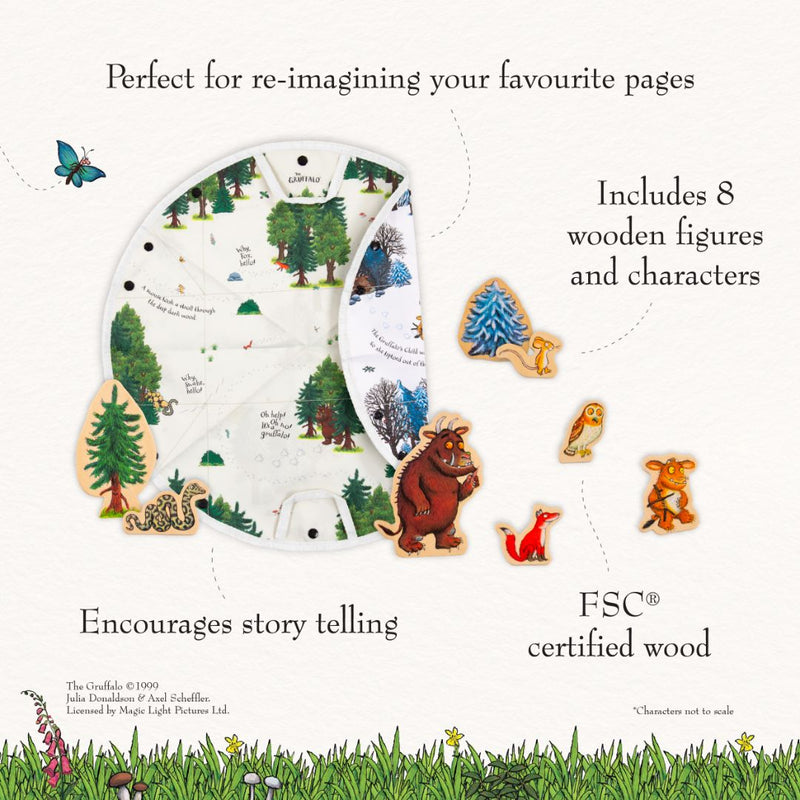 Introducing The Gruffalo Play Set with Wooden Characters by TP Toys—a charming set that includes a circular illustrated board and eight delightful wooden Gruffalo figures, all crafted from FSC-certified wood. Created to inspire storytelling and imaginative play, this set brings the beloved tale to life. For even more adventure, pair it with a double-sided fabric playmat!.