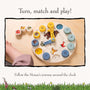 A child’s hand turns the TP Toys The Gruffalo Wooden Counting Clock – FSC® certified, a delightful counting toy featuring numbered and animal-themed pieces with charming illustrations from The Gruffalo, making it a perfect introduction to early numeracy.