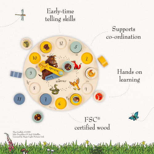 The Gruffalo Wooden Counting Clock - FSC® certified by TP Toys is a delightful wooden clock toy featuring numbered slots, moveable hands, and charming animal illustrations. Designed to encourage early numeracy skills, coordination, and hands-on play, this engaging toy is responsibly crafted from FSC® certified wood.