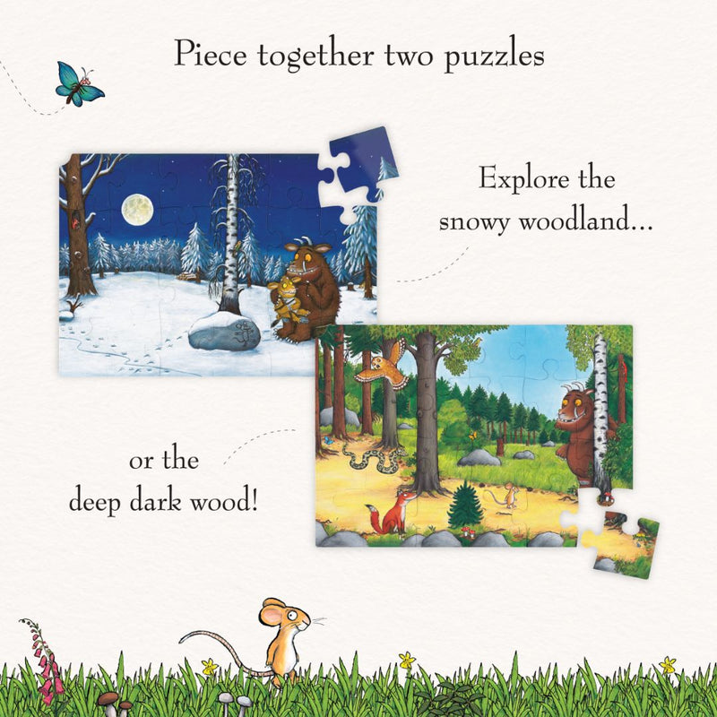 Discover two illustrated jigsaw puzzles with magnetic pieces featuring animals in a snowy woodland at night and a sunny forest by day, complete with a mouse and nature details along the bottom—an ideal match for the TP Toys The Gruffalo Wooden Creative Station - FSC® certified.