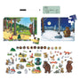 The Gruffalo Wooden Creative Station - FSC® certified by TP Toys features two illustrated forest scenes, matching character discs, assorted magnetic pieces, a write-and-wipe card with drawings, and a marker—an engaging wooden toy designed to inspire imaginative play.