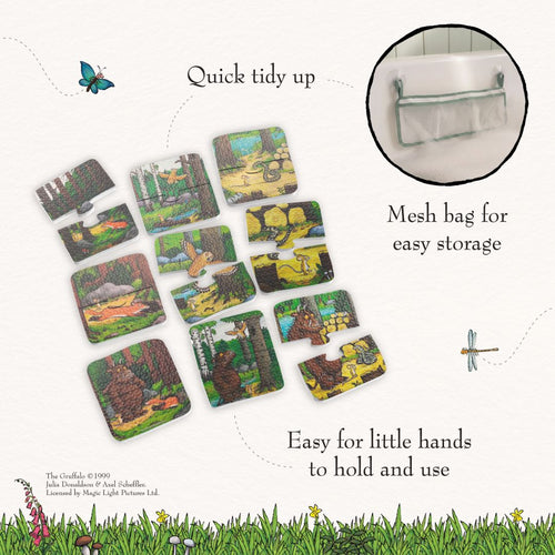 Ten illustrated foam puzzle pieces featuring scenes from The Gruffalo are displayed, along with a convenient mesh storage bag. The text emphasizes quick and easy cleanup, while the lightweight Gruffalo Foam Bath Figures from TP Toys are perfectly sized for little hands—making them fun and engaging toys for bath time.