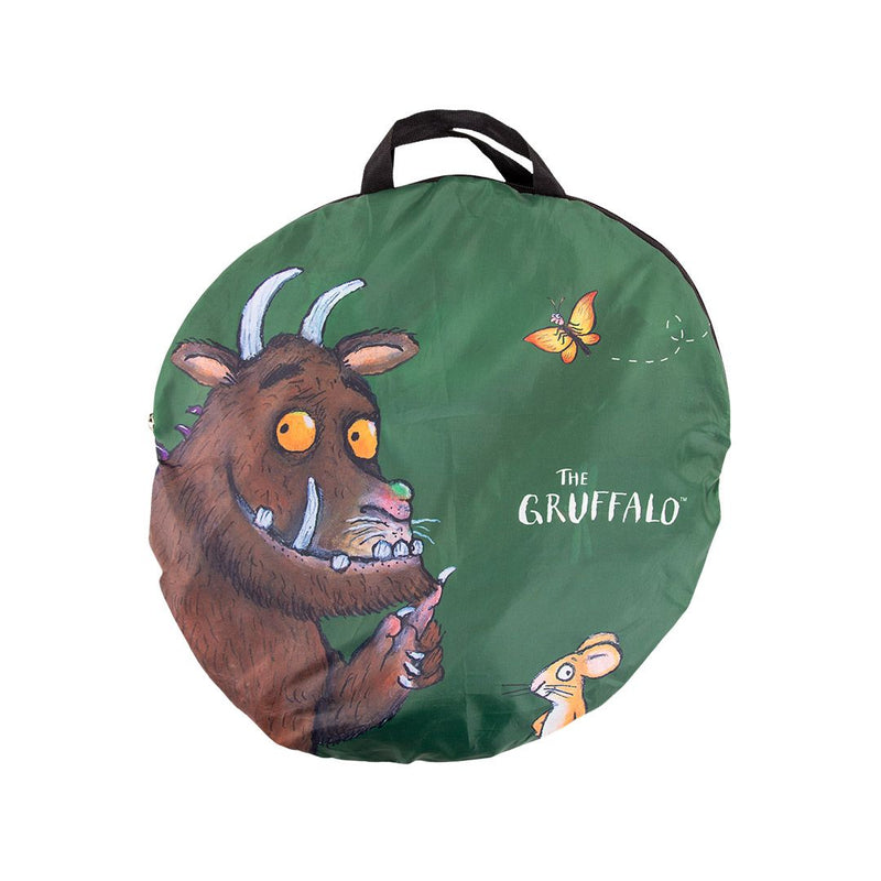 Round green bag featuring illustrations of The Gruffalo, mouse, and butterfly, with “The Gruffalo” text printed on it and a black carrying handle on top—ideal for storing your TP Toys The Gruffalo Play Tent and encouraging imaginative play.