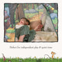 A young child lies inside the TP Toys The Gruffalo Play Tent, featuring enchanting forest illustrations, smiling and looking up; text below reads, Perfect for imaginative play & quiet time.