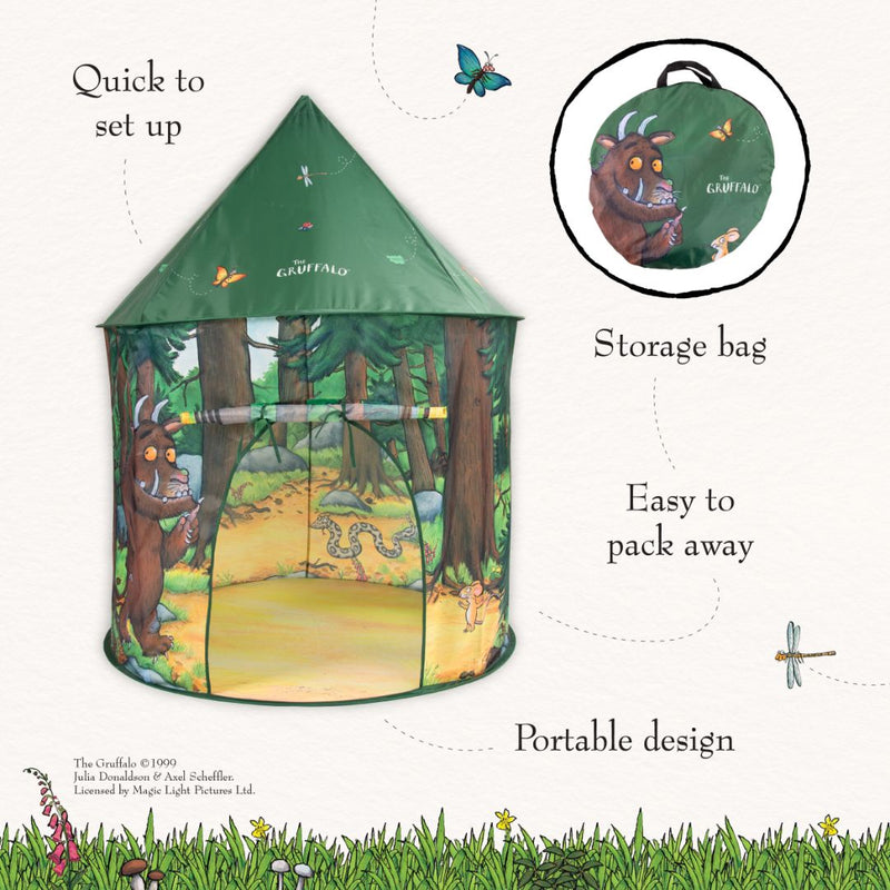 The Gruffalo Play Tent by TP Toys features a vibrant forest-themed print and comes assembled with a matching storage bag. Designed for quick setup, easy packing, and portability, it’s ideal for imaginative play. Illustrated butterflies add a playful touch.