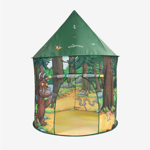 The Gruffalo Play Tent by TP Toys features a vibrant green design adorned with forest and animal illustrations—including the Gruffalo, squirrels, and a snake—set against a wooded backdrop, making it an ideal spot for imaginative play or a cosy woodland hideaway.