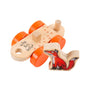 The Gruffalo Wooden Pull Along Character Set by TP Toys features a wooden toy with four orange wheels and the text “Why, Fox, Hello!” beside a painted wooden fox figure. Both pieces have a natural wood finish and are displayed on a white background, making them perfect for imaginative play. FSC® certified, this delightful set is an ideal addition to any collection of Gruffalo wooden pull along toys.