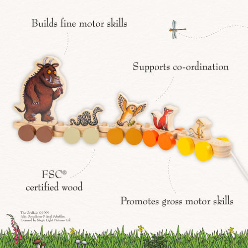 The Gruffalo Wooden Pull Along Character Set - FSC® certified by TP Toys features beloved characters from The Gruffalo and is designed to build fine motor skills, support coordination, and promote gross motor development. Crafted from FSC® certified wood, this charming toy encourages imaginative play as children pull their favorite friends along on fun-filled adventures.