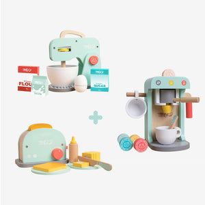 The Owl & Fox Wooden Baking Set, Toaster Set & Coffee Machine from TP Toys is a delightful toddler kitchen play set crafted from FSC® certified wood. This set includes toy kitchen appliances such as a mixer, toaster, and coffee machine, along with charming accessories like eggs, milk, flour, sugar, butter, and a cup—all designed in soft pastel colors on a white background.