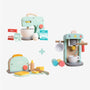 The Owl & Fox Wooden Baking Set, Toaster Set & Coffee Machine from TP Toys is a delightful toddler kitchen play set crafted from FSC® certified wood. This set includes toy kitchen appliances such as a mixer, toaster, and coffee machine, along with charming accessories like eggs, milk, flour, sugar, butter, and a cup—all designed in soft pastel colors on a white background.