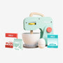 Introducing the Owl & Fox Wooden Baking Set from TP Toys—a beautifully crafted, FSC® certified pretend play set. This charming mint-green TP Toys mixer comes with a white bowl, a wooden egg, and flour, milk, and sugar cartons—all thoughtfully arranged against a crisp white background.
