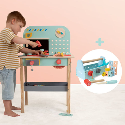 A young child enjoys pretend play with the TP Toys Owl & Fox Wooden Workbench Set with Tool Caddy, made from FSC® certified wood. An inset displays a close-up of the detailed tool set.