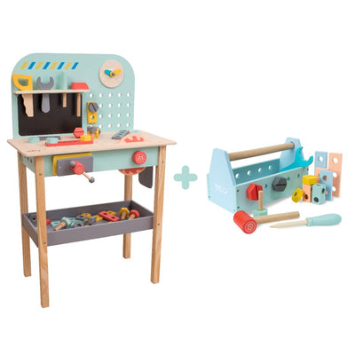 The TP Toys Owl & Fox Wooden Workbench Set with Tool Caddy (FSC® certified) features pastel tools like a hammer, screwdriver, and wrench—great for pretend play with accessories and a handy toolbox.