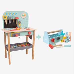 The TP Toys Owl & Fox Wooden Workbench Set with Tool Caddy—FSC® certified—features a children’s wooden workbench and matching portable toolbox, complete with a toy hammer, screwdriver, wrench, and building pieces for imaginative pretend play, displayed on a white background.
