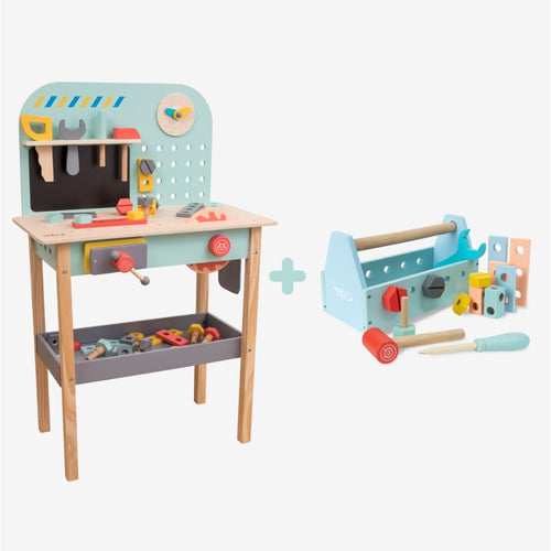 The TP Toys Owl & Fox Wooden Workbench Set with Tool Caddy—FSC® certified—features a children’s wooden workbench and matching portable toolbox, complete with a toy hammer, screwdriver, wrench, and building pieces for imaginative pretend play, displayed on a white background.