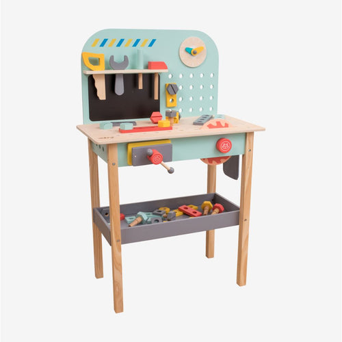 The Owl & Fox Wooden Workbench Set by TP Toys is an FSC® certified children’s workbench that includes a full tool set—hammer, wrench, screwdriver, and a variety of colorful pieces—neatly organized on and below the table, making it perfect for imaginative pretend play.