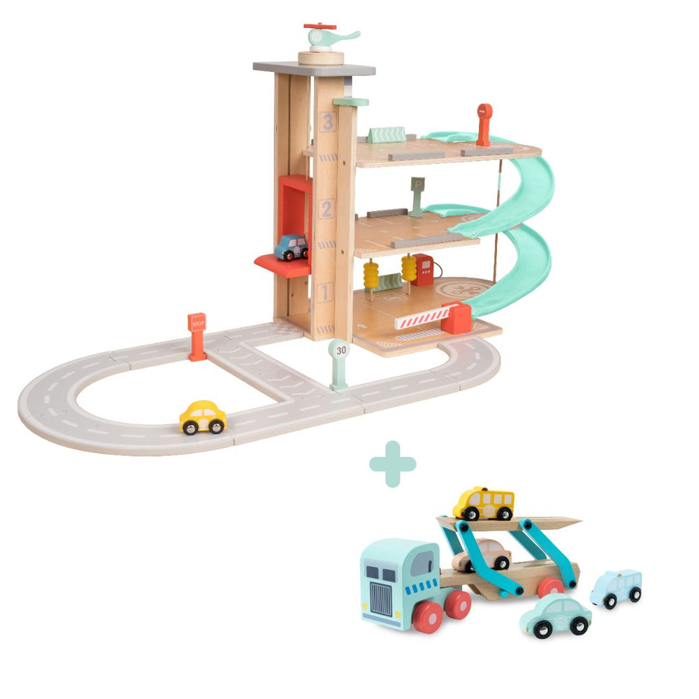 The TP Toys Owl & Fox Wooden Multi-storey Garage with Vehicle Transporter (FSC® certified) includes a ramp, cars, road track, and accessories—perfect for imaginative play and Montessori fans. Comes with extra cars for endless pretend-play fun.