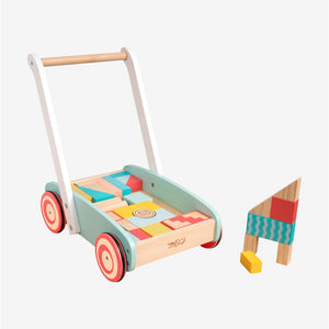 TP Toys Owl & Fox Wooden Baby Walker and Blocks – FSC® certified, features red wheels and comes with colorful blocks; some of the blocks are stacked into a small tower beside the baby walker.