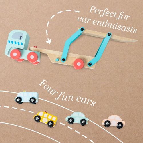 The TP Toys Owl & Fox Wooden Vehicle Transporter - FSC® certified, features a wooden toy truck with four colorful cars on a cardboard background—perfect for car enthusiasts with four fun cars included.