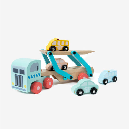 The Owl & Fox Wooden Vehicle Transporter by TP Toys is an FSC® certified wooden toy featuring a blue cab and a two-tiered trailer, complete with four small colorful cars displayed on and around the transporter. Perfect for imaginative play, this charming vehicle set stands out beautifully against a plain white background.