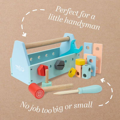 TP Toys Owl & Fox Wooden Workbench Set with Tool Caddy (FSC® certified) is perfect for pretend play and Montessori learning. Displayed on a brown background with the phrases: Perfect for a little handyman and No job too big or small.