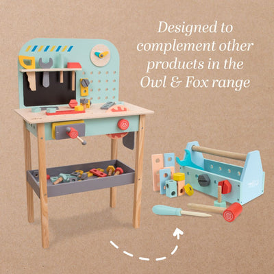 The TP Toys Owl & Fox Wooden Workbench Set with Tool Caddy—FSC® certified—is shown with a matching toolbox and blocks, highlighting the imaginative pretend play possibilities of the Owl & Fox range.