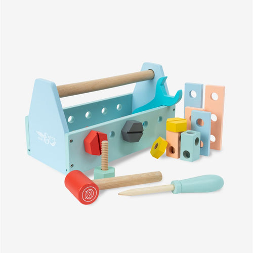 The TP Toys Owl & Fox Wooden Tool Caddy - FSC® certified features tools, bolts, and colorful building pieces arranged on a white background—ideal for imaginative play in any little builder’s tool caddy.