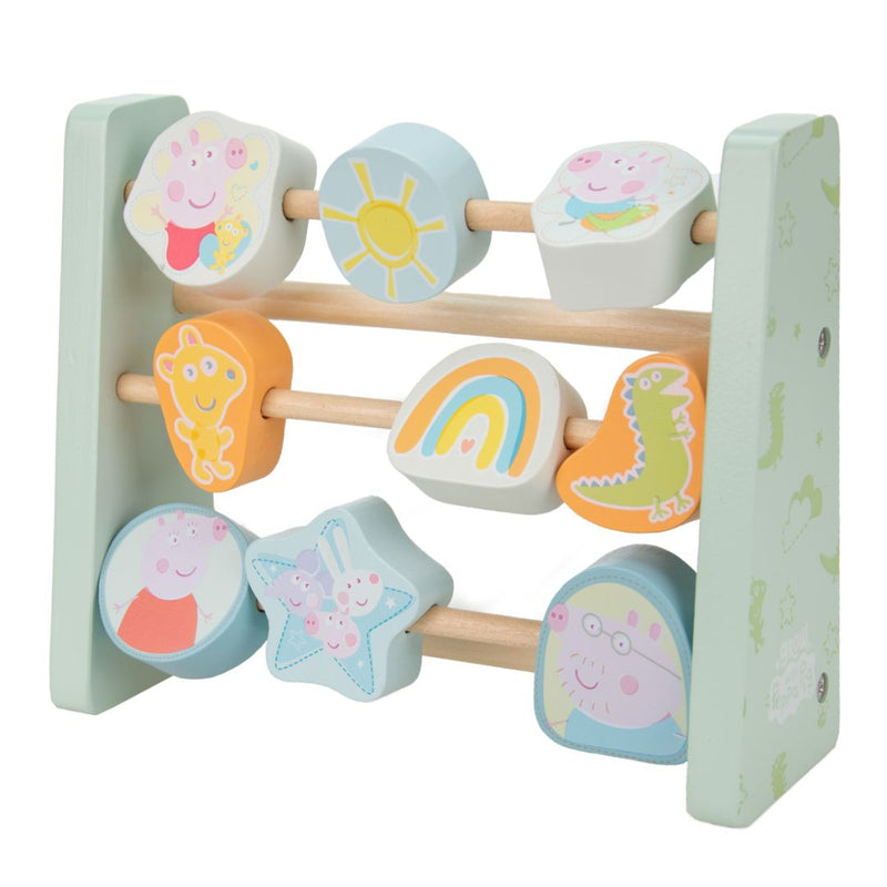 The Grow With Peppa Pig Wooden Abacus by TP Toys features three rods with rotating colorful blocks showing Peppa Pig, sun, rainbow, and star—perfect for sensory play and developing fine motor skills.