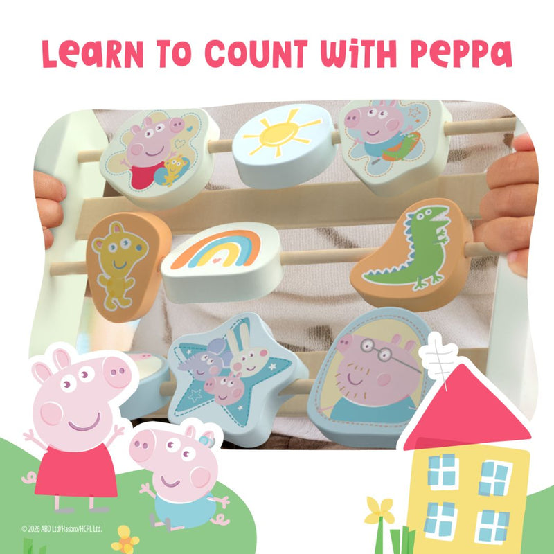 A child holds the TP Toys Grow With Peppa Pig Wooden Abacus, featuring themed blocks with Peppa characters and images. Ideal for sensory play and fine motor skill development. Top text: Learn to count with Peppa.