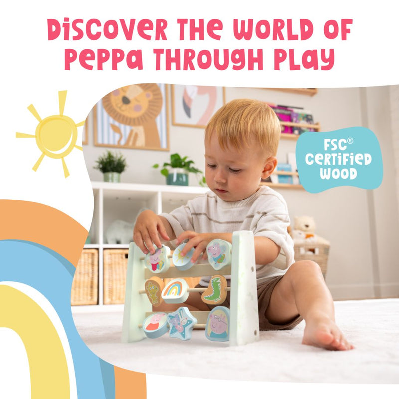 A toddler enjoys sensory play with the TP Toys Grow With Peppa Pig Wooden Abacus in a cheerful room. Text reads, Explore learning and fun with Peppa and FSC certified wood.