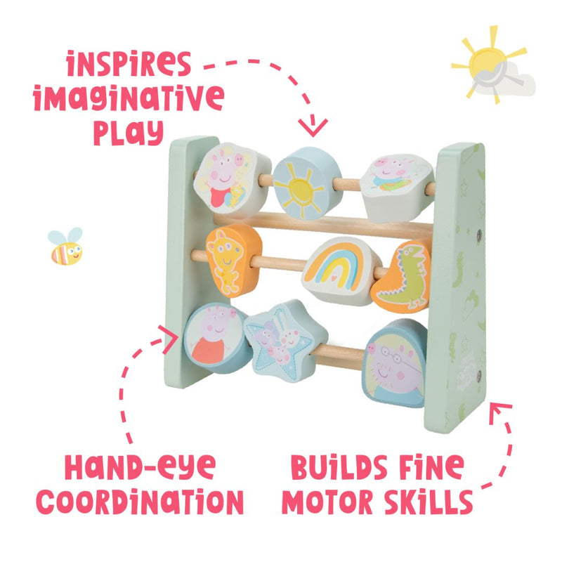 The TP Toys Grow With Peppa Pig Wooden Abacus features colorful beads and playful animal designs, supporting imaginative play, hand-eye coordination, and fine motor skill development—perfect for sensory learning.