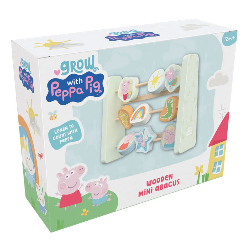 The TP Toys Grow With Peppa Pig Wooden Abacus features colorful counting pieces and Peppa Pig characters, supporting sensory play and fine motor skills for children 12 months and older.