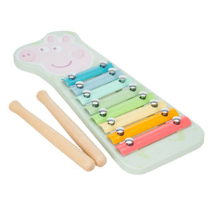 The TP Toys Grow With Peppa Pig Wooden Xylophone features eight pastel metal bars, two wooden mallets, and a cute character design—ideal for inspiring early musical skills in children.