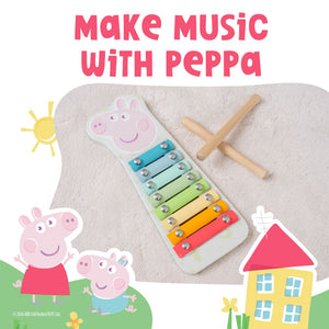 The TP Toys Grow With Peppa Pig Wooden Xylophone features Peppa Pig characters, a house illustration, and wooden mallets—perfect for encouraging early musical skills with this colorful musical toy.
