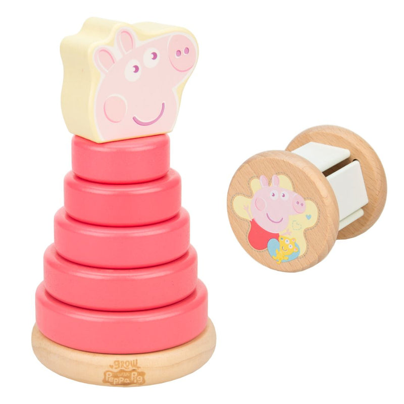 The TP Toys Grow with Peppa Pig Wooden Roller Rattle and Topple Tower Set includes a pink stacking topple tower with a Peppa Pig topper and a roller rattle drum featuring adorable Peppa Pig illustrations.