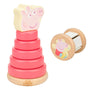The TP Toys Grow with Peppa Pig Wooden Roller Rattle and Topple Tower Set includes a pink stacking topple tower with a Peppa Pig topper and a roller rattle drum featuring adorable Peppa Pig illustrations.